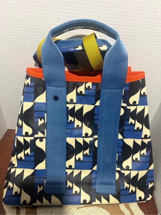 Orla Kiely Handbags - Orla Kiely Large Blue Geometric Canvas Tote with Orange Trim